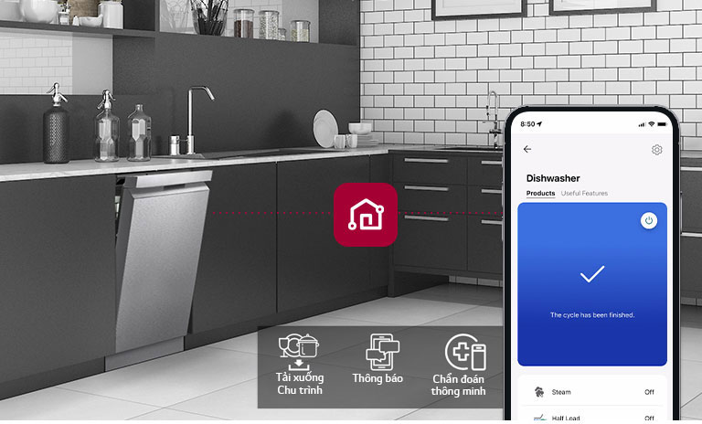 Điện thoại thông minh hiển thị LG ThinQ™ trong nhà bếp cùng với 3 tính năng ứng dụng: Tải xuống Chu trình, Thông báo và Chẩn đoán thông minh.