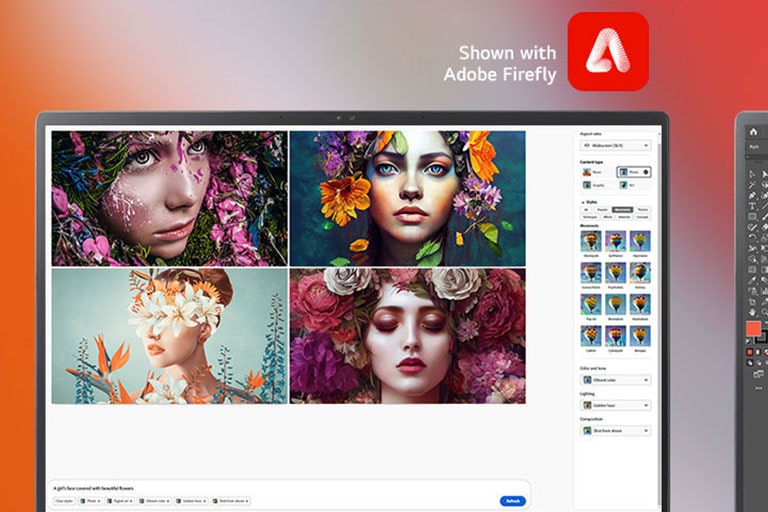 Xử lý nhiều phần mềm khác nhau với tốc độ cao – Shown with Adobe Firefly, Shown with Adobe Illustrator, Shown with Adobe Photoshop.