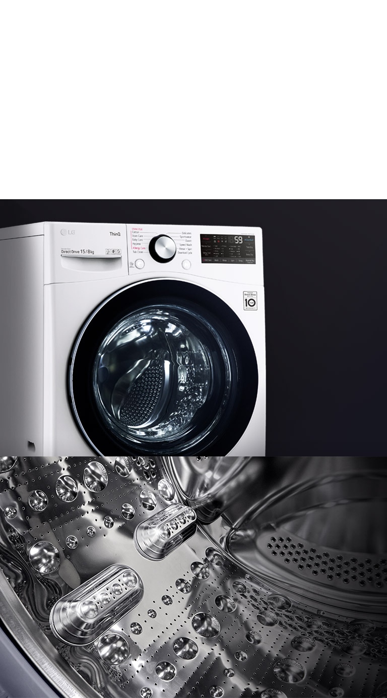 Hình ảnh hiển cho thấy mặt trước của máy giặt cửa trước, tập trung vào cửa kính cường lực. Hình ảnh thứ hai hiên thị bên trong lồng giặt, tập trung vào thiết kế thép không gỉ.