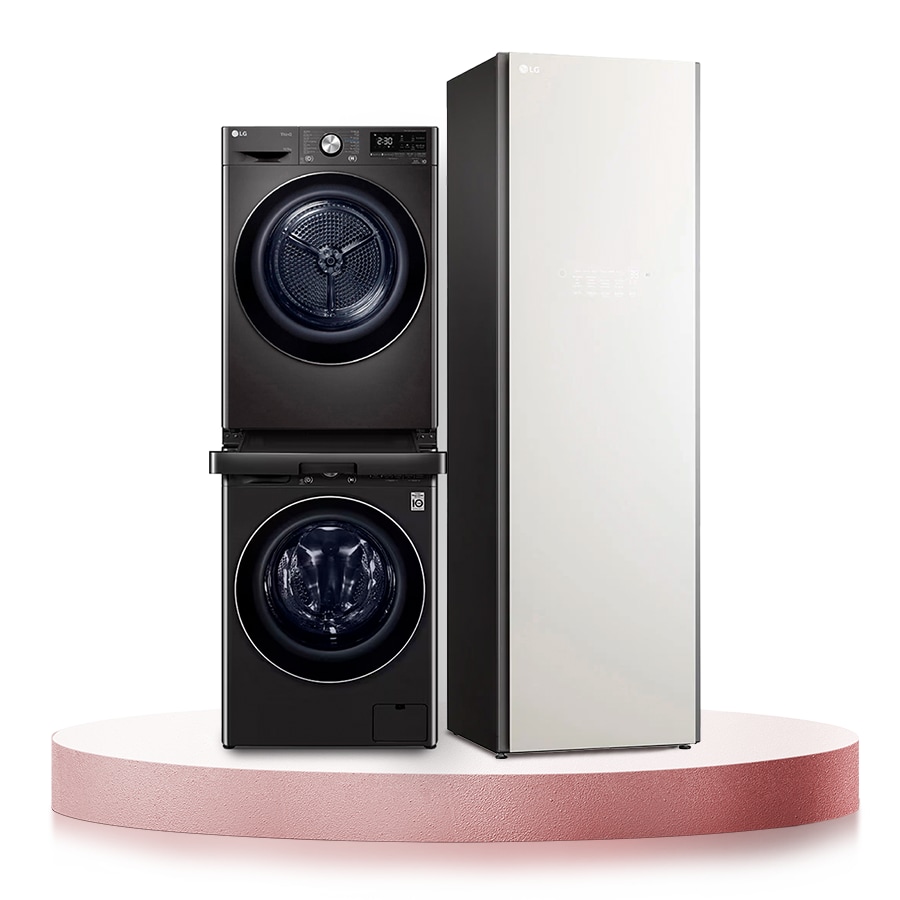 LG Combo Máy giặt lồng ngang LG AI DD™ 12kg Đen FV1412S3BA, Máy sấy LG DUAL Inverter Heat Pump™ 10,5kg (đen) DVHP50B và Tủ chăm sóc quần áo thông minh LG styler Màu xanh lá cây S5GOC |WD1250BS5G, WD1250BS5G