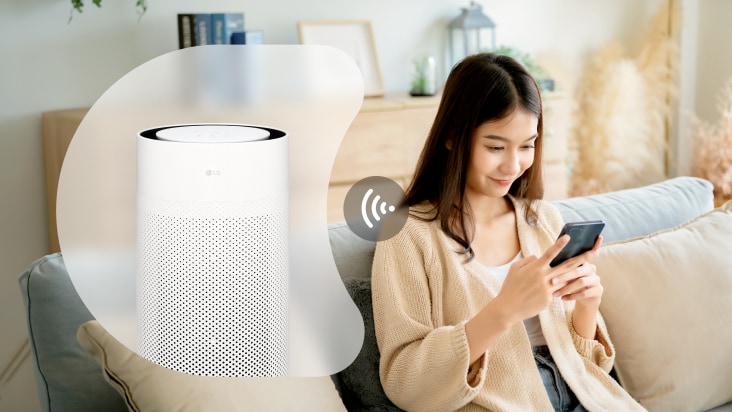 Máy lọc không khí LG kết nối Wi-Fi, cho phép điều khiển và giám sát dễ dàng qua ứng dụng LG ThinQ trên điện thoại.