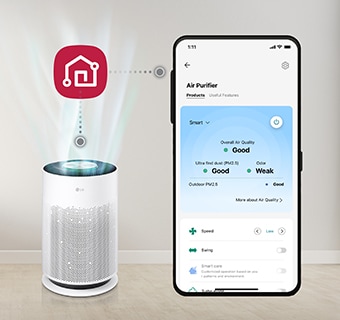 Luồng không khí thoát ra từ máy lọc khí PuriCare ở bên trái và logo LG ThinQ hiện thị ở phía trên cùng màn hình; ứng dụng LG ThinQ ở bên bản được liên kết với điện thoại di động.