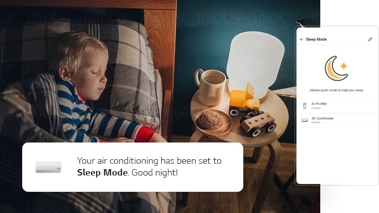 Hình ảnh cho thấy một cậu bé đang ngủ trên giường. Bên cạnh là màn hình ứng dụng LG ThinQ hiển thị các cài đặt của máy điều hòa không khí trong phòng.