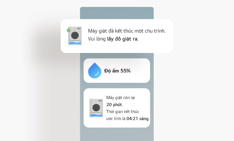 Hình ảnh cho thấy màn hình hiển thị cập nhật trạng thái của máy giặt trong ứng dụng LG ThinQ.