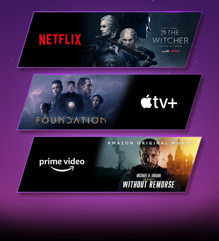 Có 3 khối hình ảnh - mỗi khối có logo nền tảng phát trực tuyến và hình ảnh cảnh quay. Logo Netflix với Witcher, logo Apple TV plus với Foundation, logo Prime Video với Without Remorse.