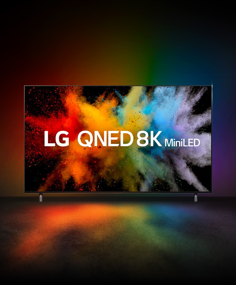 Chuyển động Typo của QNED và NanoCell chồng lên nhau và phát nổ thành bột màu. Logo miniLED QNED 8K xuất hiện.