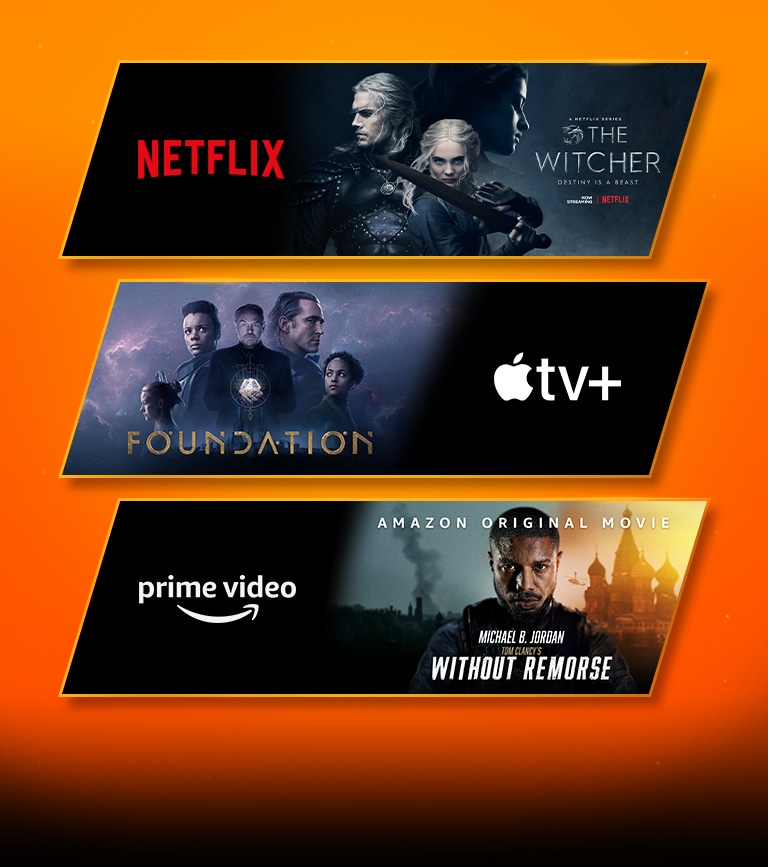 Có 3 khối hình ảnh - mỗi khối có logo nền tảng phát trực tuyến và hình ảnh cảnh quay. Logo Netflix với Witcher, logo Apple TV plus với Foundation, logo Prime Video với Without Remorse.