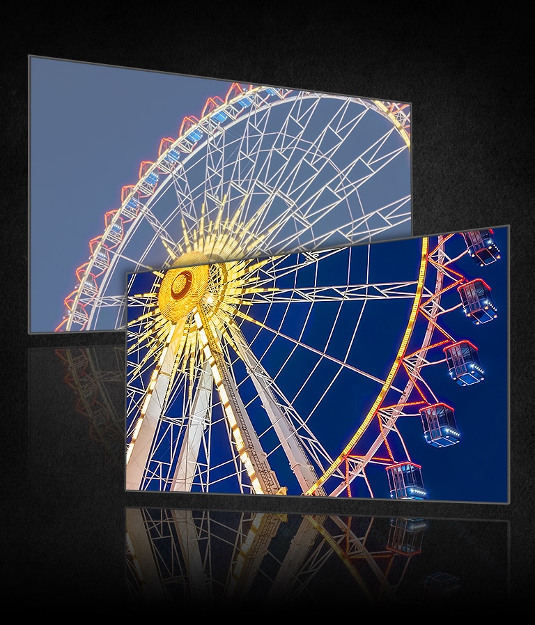 Hình ảnh bánh xe Ferris được chia thành hai màn hình TV, bên trái trông nhợt nhạt hơn và bên phải có vẻ sống động và tươi sáng hơn.