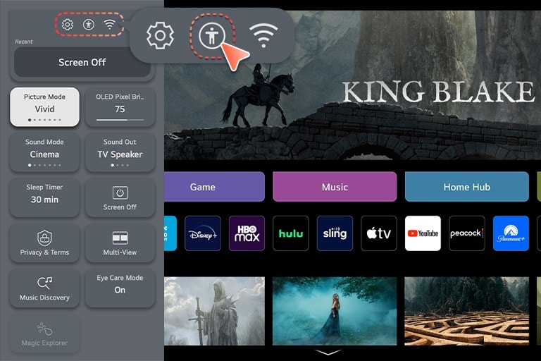 Màn hình chính webOS được hiển thị và ảnh cận cảnh biểu tượng hình người xuất hiện bên trên màn hình.