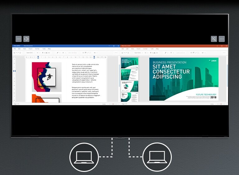 Có TV trên một bức tường màu xám và màn hình hiển thị hai tệp được chia làm đôi. Bên dưới TV, hình ảnh đồ họa cho thấy cảnh hai máy tính được kết nối.