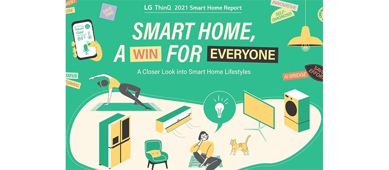 Ilustración de un electrodoméstico inteligente con el texto &quot;Los hogares inteligentes, benefician a todos&quot;