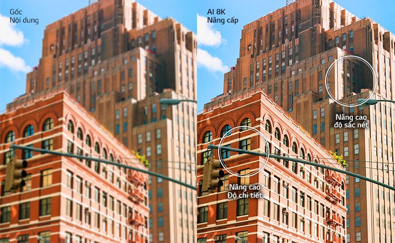 Hình ảnh đặt cạnh nhau của tòa nhà gạch đỏ trong thành phố. Hình ảnh bên phải sắc nét hơn và rõ ràng hơn, cho thấy hình ảnh được cải thiện như thế nào với tính năng nâng cấp AI 8K.