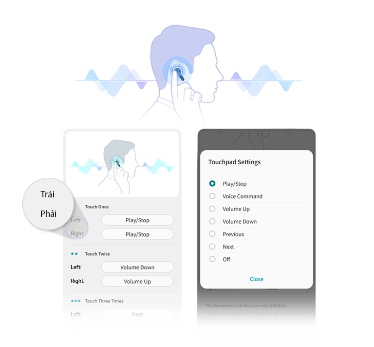 Hình minh họa ảnh chụp nghiêng một ngươi đàn ông đang chạm vào tai nghe đang đeo trên tai. Màn hình UI của ứng dụng cho thấy người dùng có thể điều chỉnh cài đặt nút chạm cảm ứng cho tai nghe bên trái và phải.