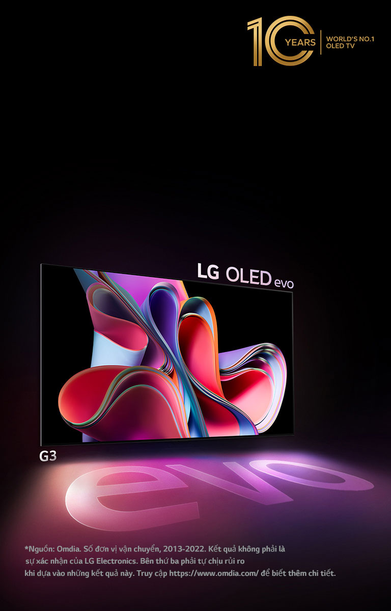 Hình ảnh LG OLED G3 trên phông nền màu đen thể hiện một tác phẩm nghệ thuật trừu tượng màu hồng tươi và màu tím. Màn hình thể hiện sự đổ bóng đầy màu sắc có từ "evo". Biểu tượng "TV OLED 10 năm số 1 thế giới" nằm ở góc trên bên trái của hình ảnh.