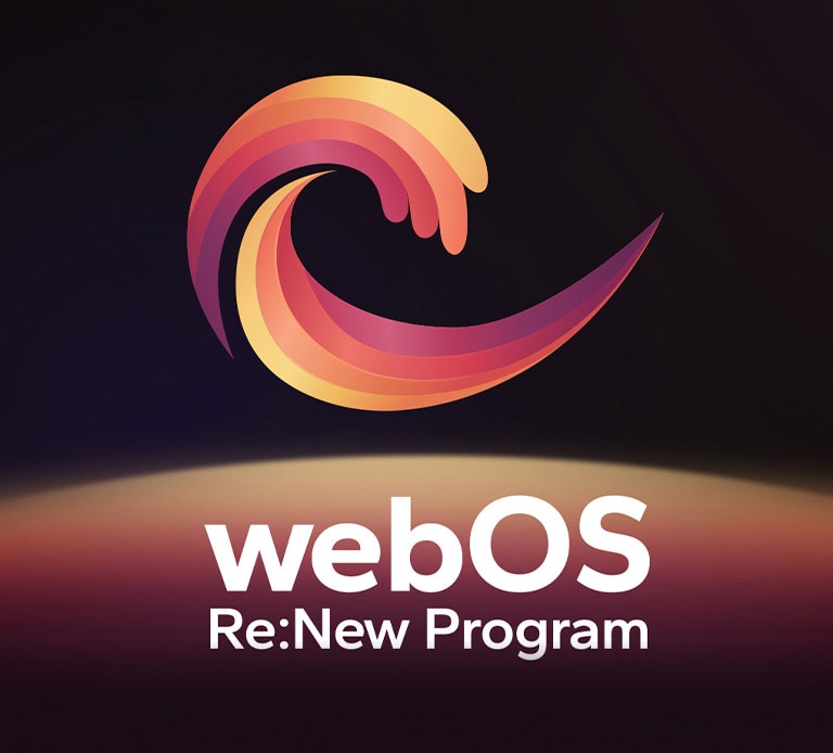 Logo webOS Re:New Program có nền đen với hình cầu tròn màu vàng và cam, tím ở phía dưới.