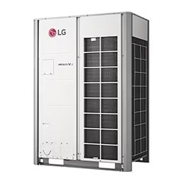 Một dàn nóng LG MULTI V i hình chữ nhật được trưng bày, nửa bên phải được che bởi ống thông gió hình ca-rô 2x2.