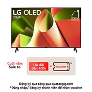 Hình ảnh mặt trước với TV LG OLED, OLED AI B4, Hình ảnh biểu tượng OLED 11 năm đứng đầu thế giới và logo webOS Re:New Program trên màn hình với giá đỡ 2 chân