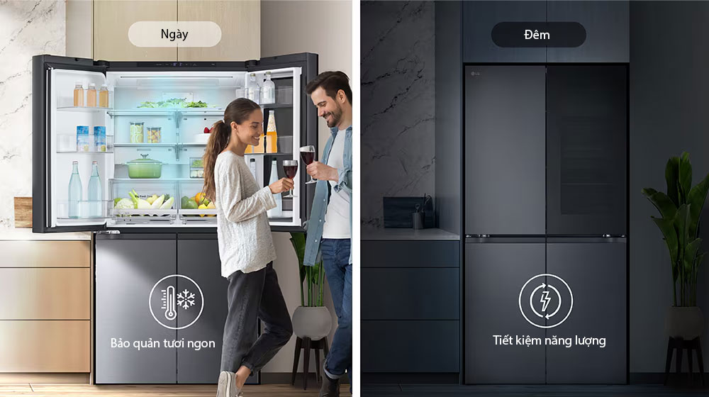 Hình ảnh bên trái là một cặp đôi đang cầm ly trước tủ lạnh đang mở vào ban ngày. Tủ lạnh chỉ mở một bên và luồng khí lạnh màu xanh dương tràn ra khỏi tủ lạnh. Biểu tượng nhiệt kế để thể hiện không khí lạnh nằm bên dưới hình ảnh. Hình ảnh bên phải là chiếc tủ lạnh trong bếp vào một đêm tối. Bên dưới hình ảnh là biểu tượng điện, thể hiện hoạt động tiết kiệm năng lượng.