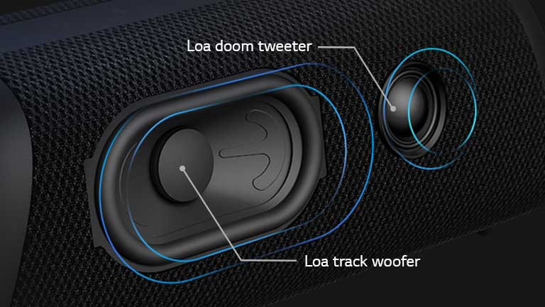 Loa LG XBOOM Go XG7 nhìn nghiêng, cho thấy loa trầm loại rãnh và loa cao tần vòm.