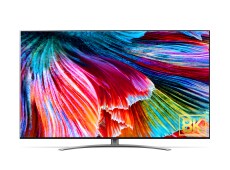 QNED99 với hình ảnh cận cảnh của những cánh hoa nhiều màu sáng và logo 8K trên màn hình.