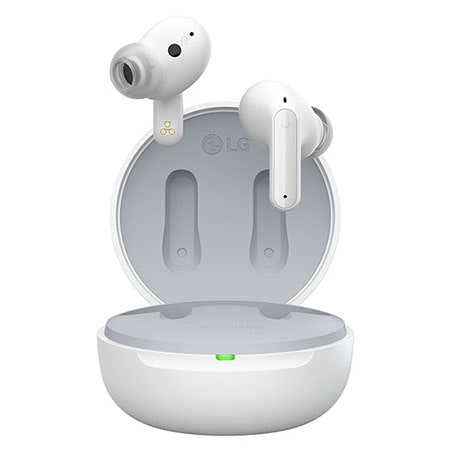 Image with earbuds floating over a closed cradle.