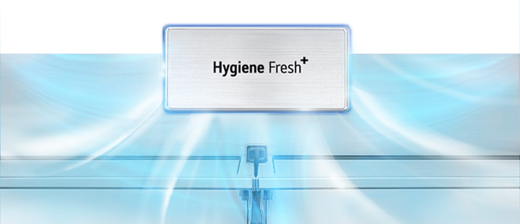 Bộ lọc Hygiene Fresh+ được làm nổi bật, hình mũi tên xám thể hiện mùi hôi bị hút vào trong bộ lọc Hygiene Fresh+ và không khí lạnh, sạch tản ra.