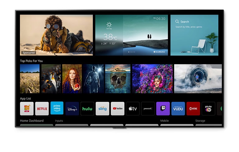 Màn hình TV hiển thị thời tiết, lựa chọn hàng đầu, ứng dụng và bảng điều khiển gia đình để giúp người dùng sử dụng thuận tiện.