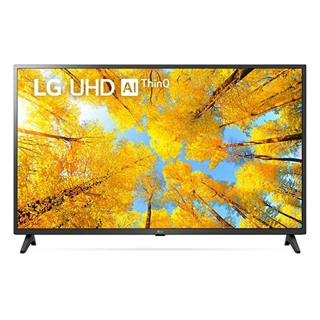 Hình ảnh mặt trước của TV LG UHD với hình ảnh bên trong và logo sản phẩm trên