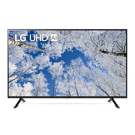 Hình ảnh mặt trước của TV LG UHD với hình ảnh bên trong và logo sản phẩm trên