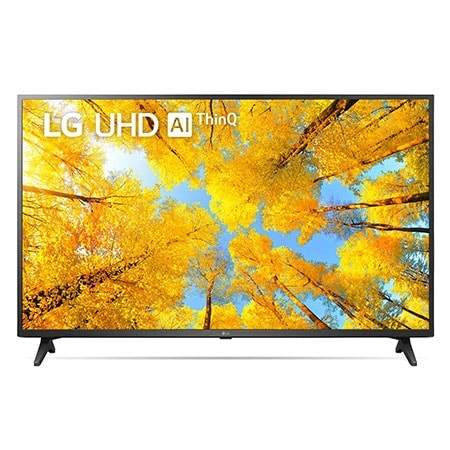 Hình ảnh mặt trước của TV LG UHD với hình ảnh bên trong và logo sản phẩm trên