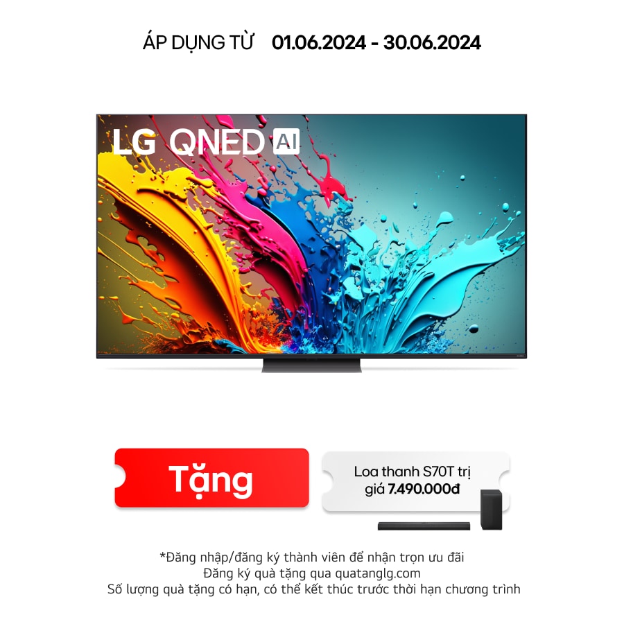 Mặt trước của TV LG QNED, QNED86 với dòng chữ của LG QNED MiniLED, 2024 và logo webOS Re:New Program trên màn hình