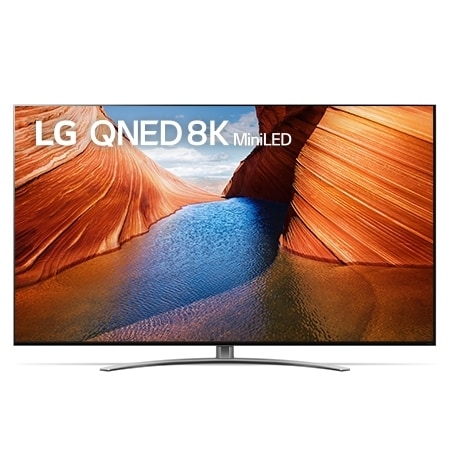Hình ảnh mặt trước của TV QNED LG với hình ảnh bên trong và logo sản phẩm trên