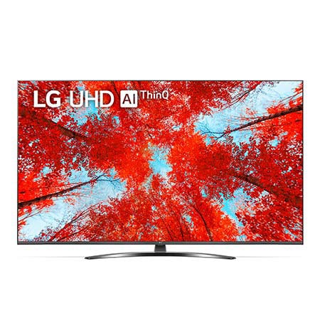 Hình ảnh mặt trước của TV LG UHD với hình ảnh bên trong và logo sản phẩm trên