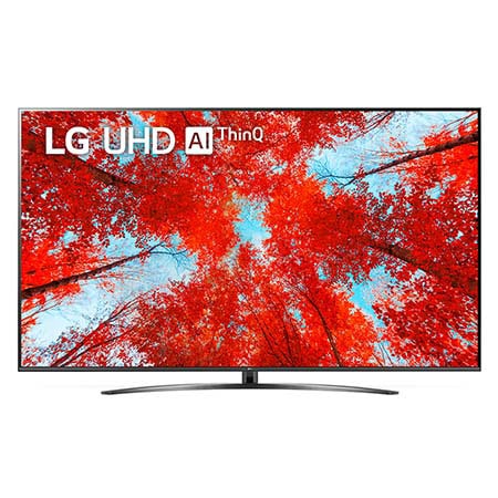 Hình ảnh mặt trước của TV LG UHD với hình ảnh bên trong và logo sản phẩm trên