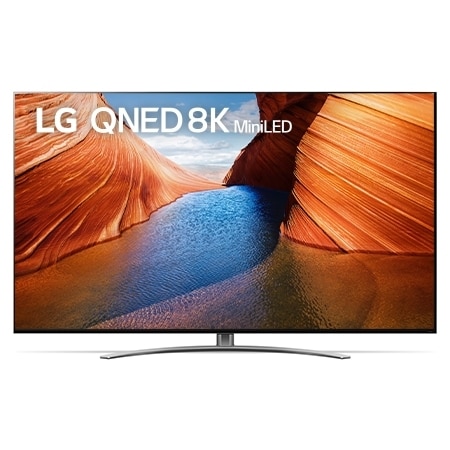 Hình ảnh mặt trước của TV QNED LG với hình ảnh bên trong và logo sản phẩm trên