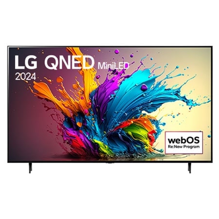 Mặt trước của TV LG QNED, QNED91 với dòng chữ của LG QNED MiniLED, 2024 và logo webOS Re:New Program trên màn hình