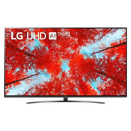 Hình ảnh mặt trước của TV LG UHD với hình ảnh bên trong và logo sản phẩm trên