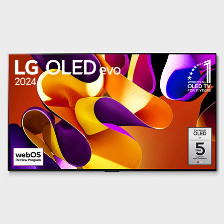 Hình ảnh mặt trước với LG OLED TV evo, OLED G4, Hình ảnh biểu tượng OLED 11 năm đứng đầu thế giới và logo Bảo hành bảng điều khiển 5 năm trên màn hình