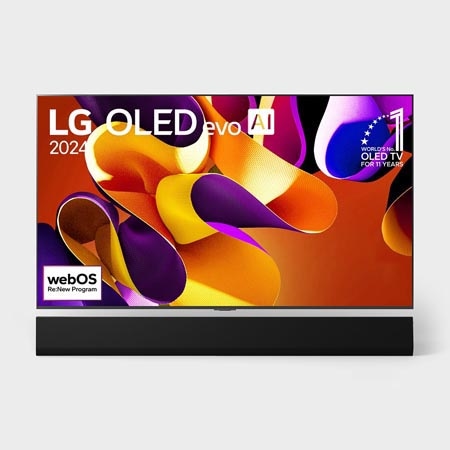 Hình ảnh mặt trước với LG OLED TV evo, OLED G4, Logo biểu tượng OLED 11 năm đứng đầu thế giới và logo Bảo hành bảng điều khiển 5 năm trên màn hình, cùng với Soundbar ở bên dưới