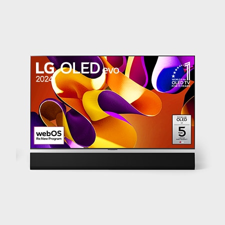 Hình ảnh mặt trước với LG OLED TV evo, OLED G4, Logo biểu tượng OLED 11 năm đứng đầu thế giới và logo Bảo hành bảng điều khiển 5 năm trên màn hình, cùng với Soundbar ở bên dưới