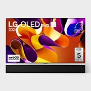 Hình ảnh mặt trước với TV LG OLED evo AI, OLED G4, Hình ảnh biểu tượng OLED 11 năm đứng đầu thế giới, logo webOS Re:New Program và logo Bảo hành tấm nền 5 năm trên màn hình, cùng với Soundbar ở bên dưới