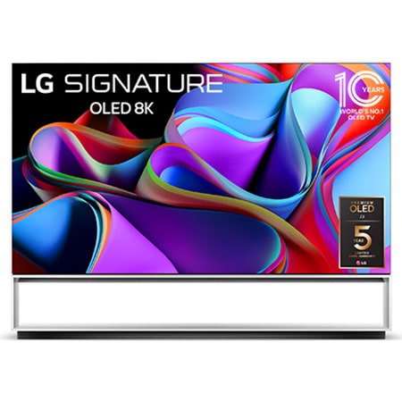 Mặt trước với LG OLED 8K evo, Biểu tượng OLED số 10 năm thế giới và logo Bảo hành bảng điều khiển 5 năm trên màn hình.