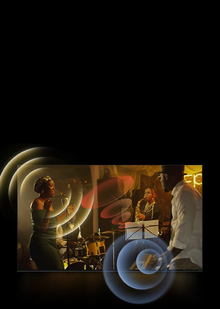 TV LG chiếu cảnh các nhạc sĩ biểu diễn, với đồ họa vòng tròn sáng xung quanh không gian.