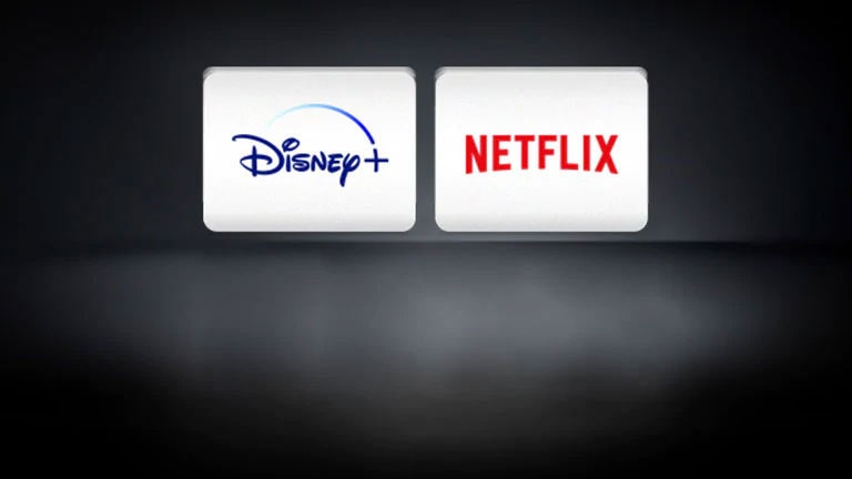 The Netflix logo, the Disney  logo are arranged horizontally in the black background.