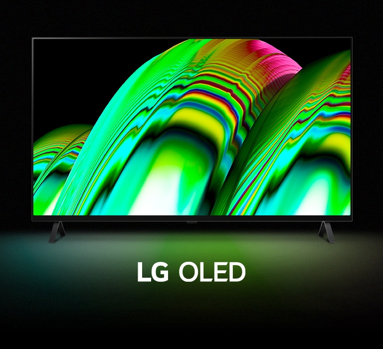 Một mẫu hình sóng trừu tượng màu xanh lá cây lấp đầy màn hình sau đó dần dần phóng to để lộ ra LG OLED A2. Màn hình chuyển sang màu đen sau đó hiển thị mẫu hình sóng một lần nữa với dòng chữ &quot;LG OLED&quot; bên dưới.