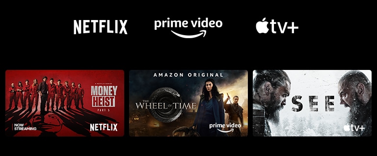 Poster phim Money Heist từ Netflix, The Wheel of Time từ Prime Video và See từ Apple TV Plus.