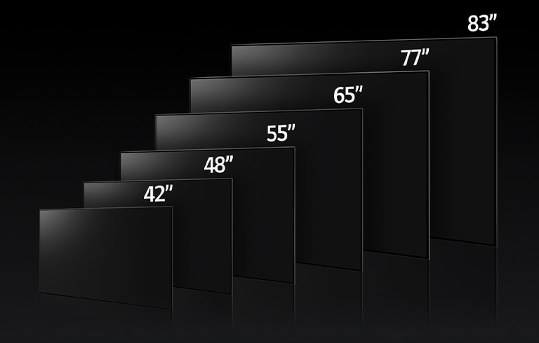 Một hình ảnh so sánh các kích thước khác nhau của LG OLED C3, cho thấy 42", 48", 55", 65", 77 ", và 83 ".
