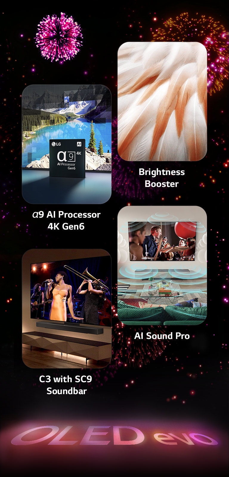 Hình ảnh trình bày các tính năng chính của LG OLED evo C3 trên nền đen với màn bắn pháo hoa màu hồng và tím. Hình ảnh phản chiếu màu hồng từ màn bắn pháo hoa trên mặt đất cho thấy dòng chữ