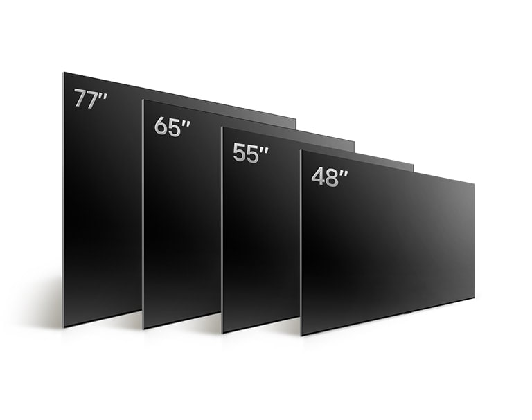 So sánh các kích cỡ khác nhau của LG OLED TV, OLED B4, trình bày OLED B4 48&quot;, OLED B4 55&quot;, OLED B4 65&quot;, OLED B4 77&quot;.
