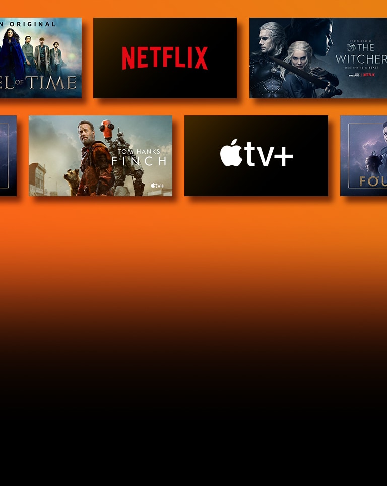 There are logos of streaming service platforms and matching footages right next to each logo. Netflix logo and money heist and the Witcher. Prime Video logo and Without Remorse and The Wheel of Time. Livenow logo and mamamoo teaser image and OneUs teaser image. Apple TV plus logo and Foundation and Finch.